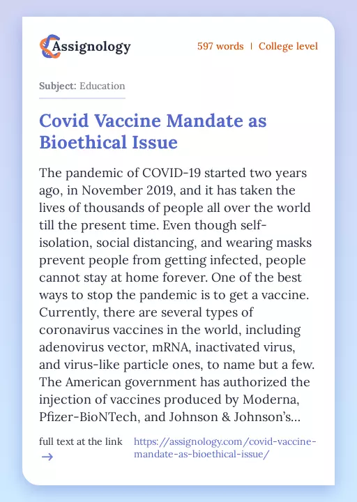 Covid Vaccine Mandate as Bioethical Issue - Essay Preview