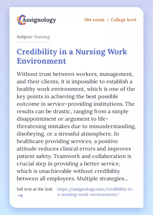 Credibility in a Nursing Work Environment - Essay Preview