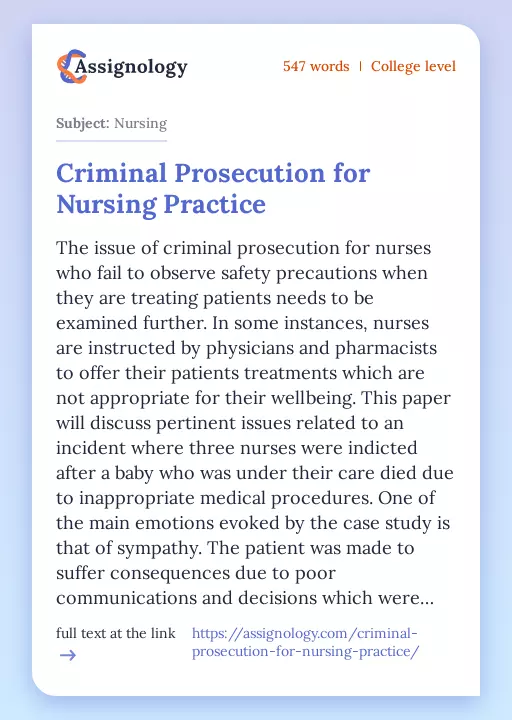 Criminal Prosecution for Nursing Practice - Essay Preview