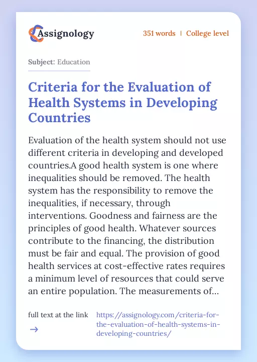 Criteria for the Evaluation of Health Systems in Developing Countries - Essay Preview