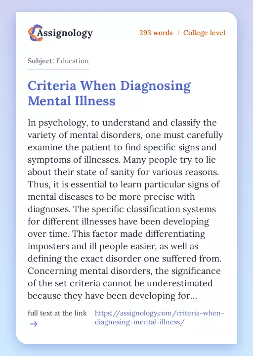 Criteria When Diagnosing Mental Illness - Essay Preview