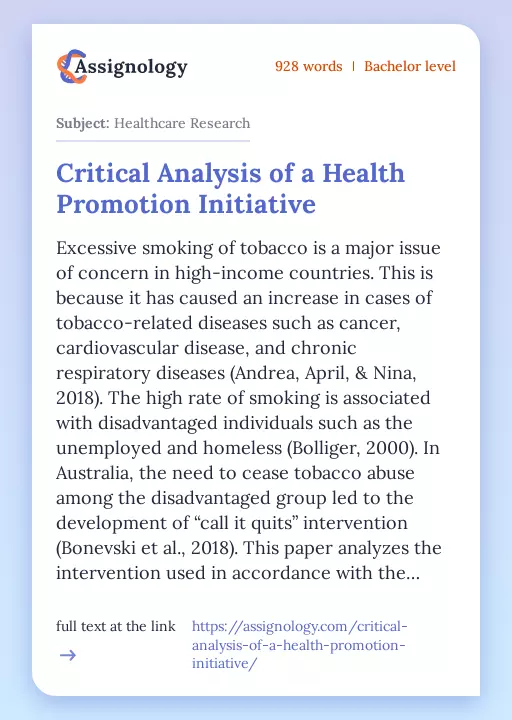 Critical Analysis of a Health Promotion Initiative - Essay Preview