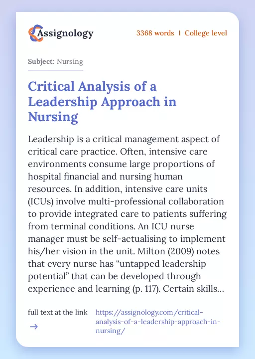 Critical Analysis of a Leadership Approach in Nursing - Essay Preview