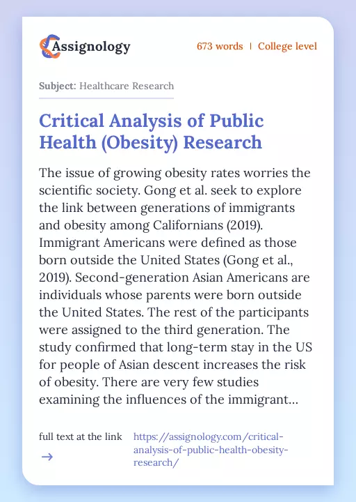 Critical Analysis of Public Health (Obesity) Research - Essay Preview