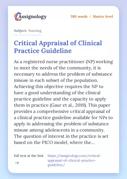 Critical Appraisal of Clinical Practice Guideline - Essay Preview
