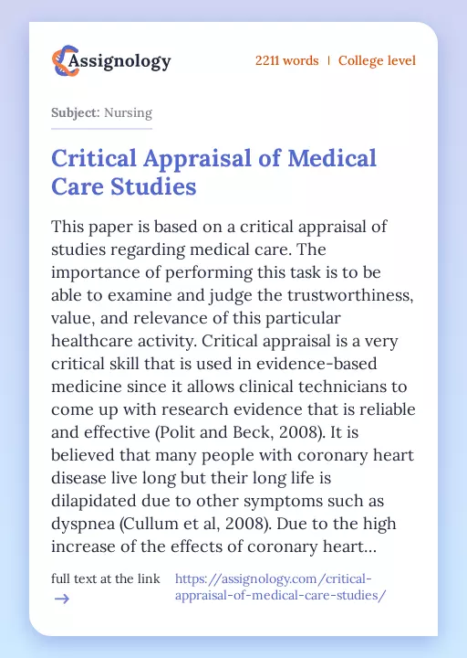 Critical Appraisal of Medical Care Studies - Essay Preview