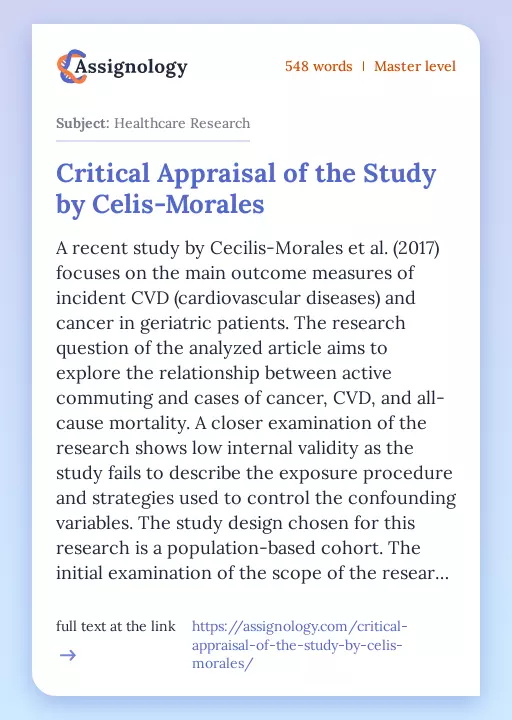 Critical Appraisal of the Study by Celis-Morales - Essay Preview
