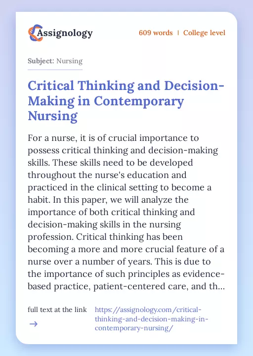 Critical Thinking and Decision-Making in Contemporary Nursing - Essay Preview