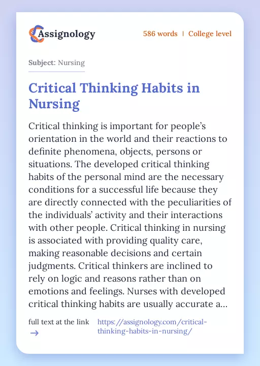 Critical Thinking Habits in Nursing - Essay Preview