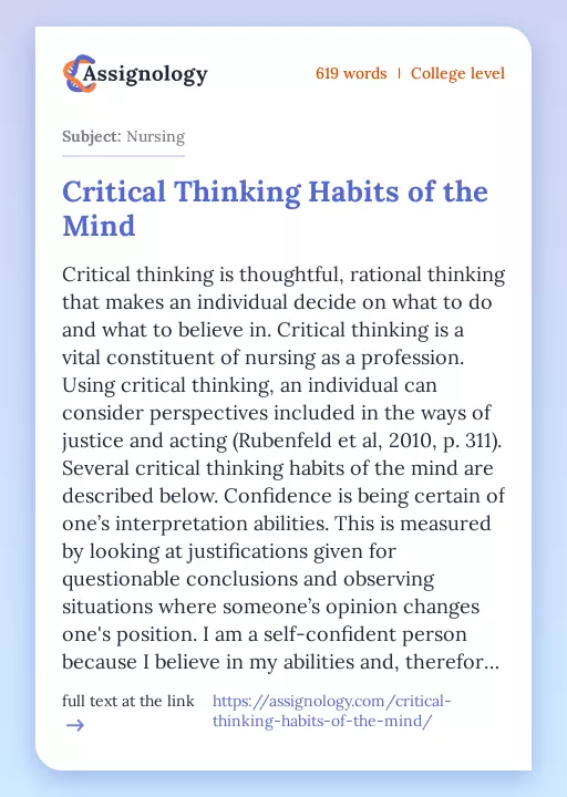 Critical Thinking Habits of the Mind - Essay Preview