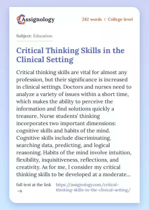 Critical Thinking Skills in the Clinical Setting - Essay Preview