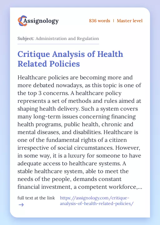 Critique Analysis of Health Related Policies - Essay Preview