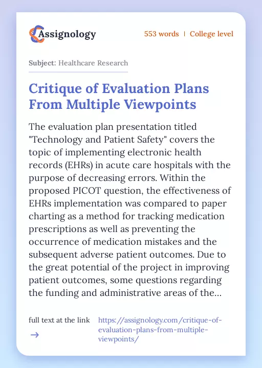 Critique of Evaluation Plans From Multiple Viewpoints - Essay Preview