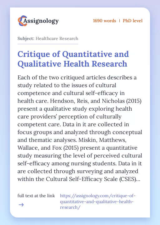 Critique of Quantitative and Qualitative Health Research - Essay Preview