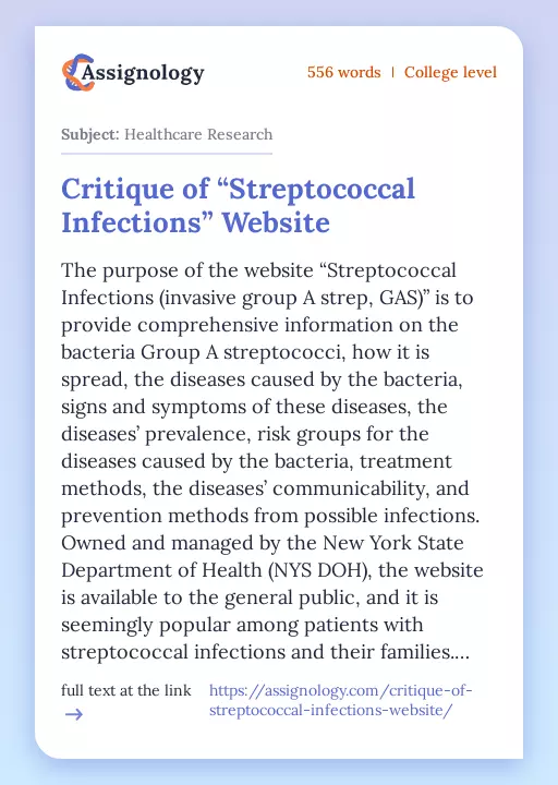 Critique of “Streptococcal Infections” Website - Essay Preview