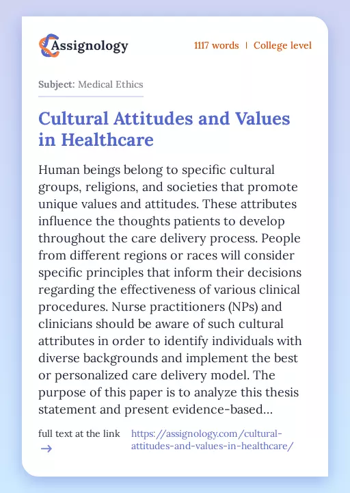 Cultural Attitudes and Values in Healthcare - Essay Preview