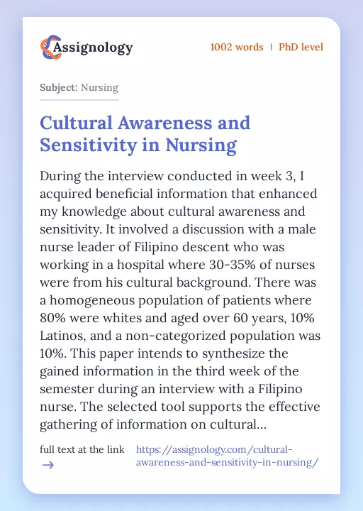 Cultural Awareness and Sensitivity in Nursing - Essay Preview