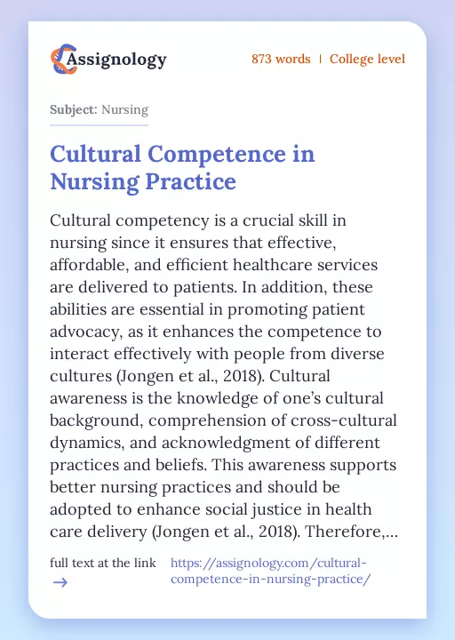 Cultural Competence in Nursing Practice - Essay Preview