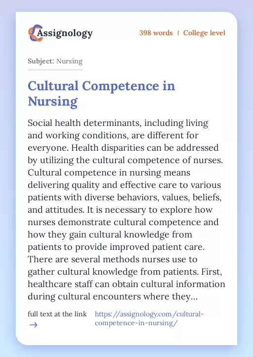 Cultural Competence in Nursing - Essay Preview