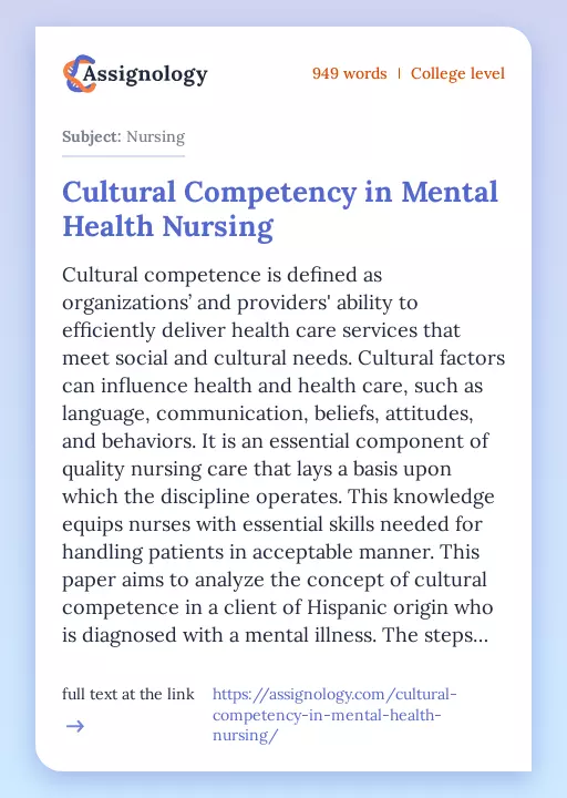 Cultural Competency in Mental Health Nursing - Essay Preview
