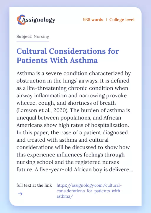Cultural Considerations for Patients With Asthma - Essay Preview
