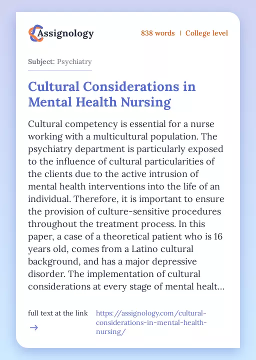 Cultural Considerations in Mental Health Nursing - Essay Preview