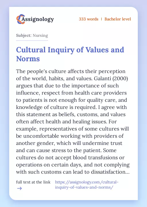 Cultural Inquiry of Values and Norms - Essay Preview