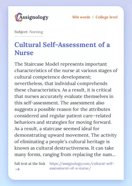 Cultural Self-Assessment of a Nurse - Essay Preview