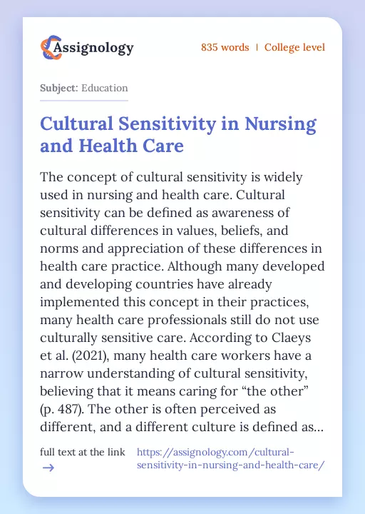 Cultural Sensitivity in Nursing and Health Care - Essay Preview