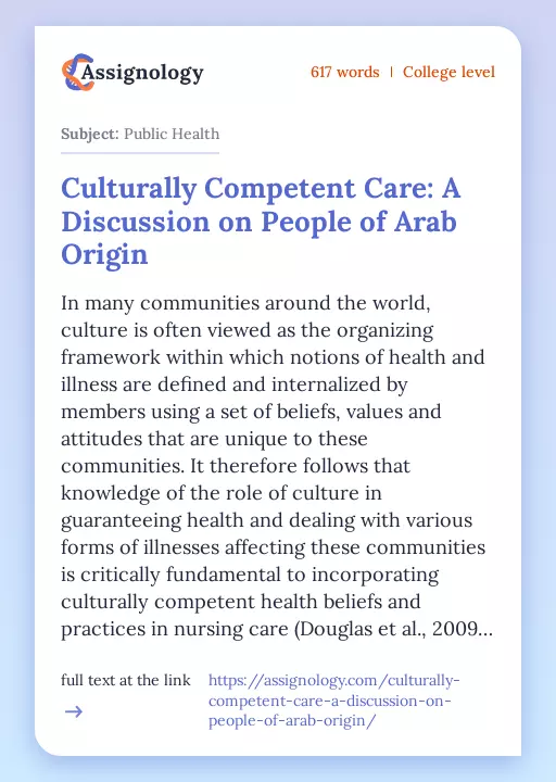 Culturally Competent Care: A Discussion on People of Arab Origin - Essay Preview