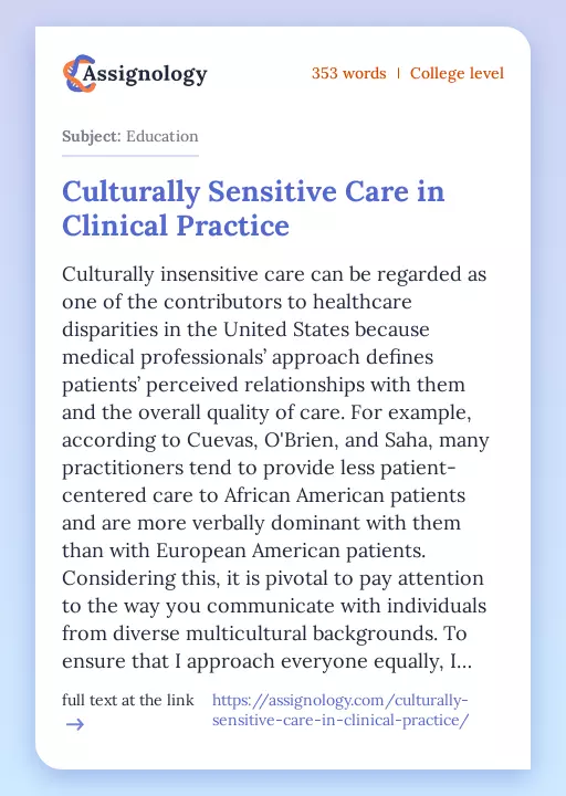 Culturally Sensitive Care in Clinical Practice - Essay Preview