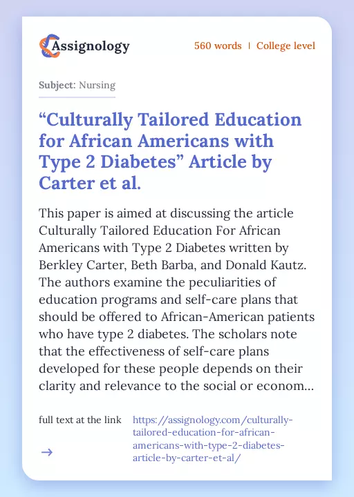 “Culturally Tailored Education for African Americans with Type 2 Diabetes” Article by Carter et al. - Essay Preview