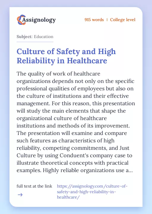 Culture of Safety and High Reliability in Healthcare - Essay Preview