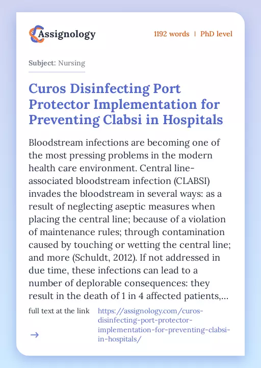 Curos Disinfecting Port Protector Implementation for Preventing Clabsi in Hospitals - Essay Preview