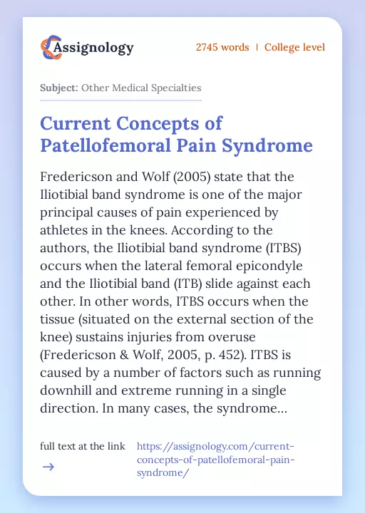 Current Concepts of Patellofemoral Pain Syndrome - Essay Preview