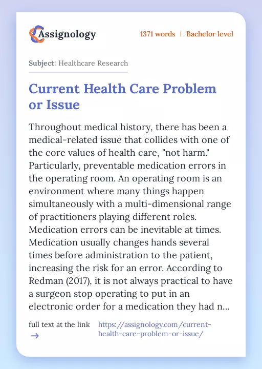 Current Health Care Problem or Issue - Essay Preview