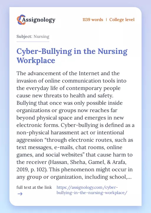 Cyber-Bullying in the Nursing Workplace - Essay Preview