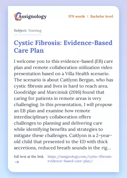 Cystic Fibrosis: Evidence-Based Care Plan - Essay Preview