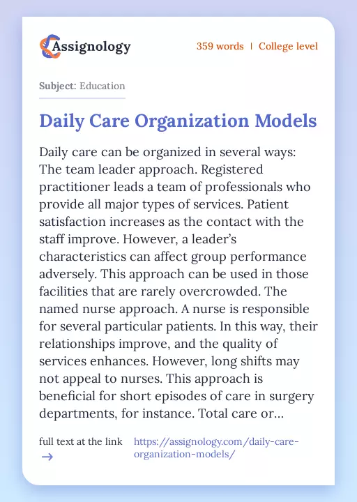 Daily Care Organization Models - Essay Preview