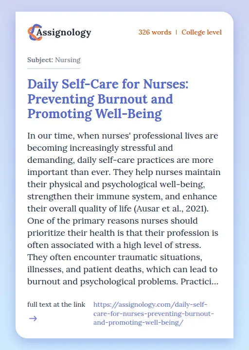 Daily Self-Care for Nurses: Preventing Burnout and Promoting Well-Being - Essay Preview
