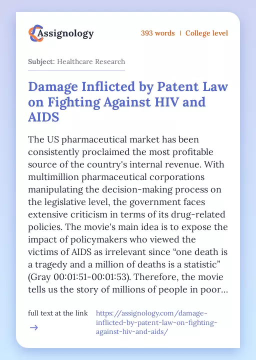 Damage Inflicted by Patent Law on Fighting Against HIV and AIDS - Essay Preview