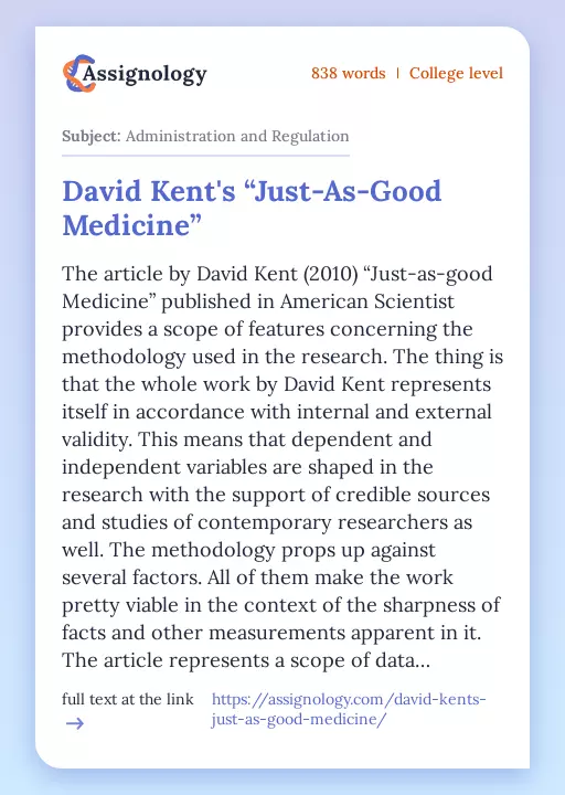 David Kent's “Just-As-Good Medicine” - Essay Preview
