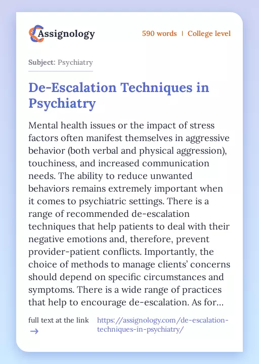 De-Escalation Techniques in Psychiatry - Essay Preview