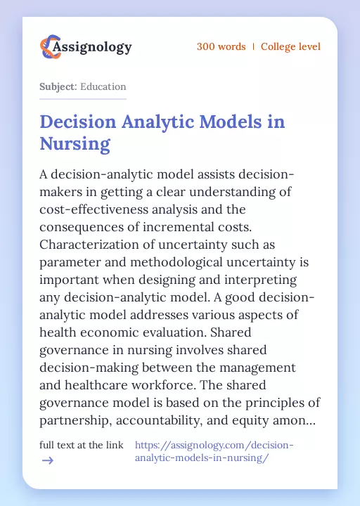 Decision Analytic Models in Nursing - Essay Preview