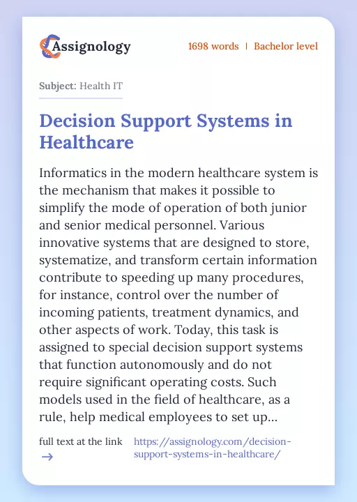 Decision Support Systems in Healthcare - Essay Preview