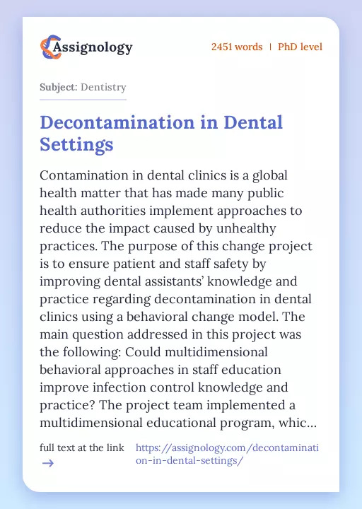 Decontamination in Dental Settings - Essay Preview