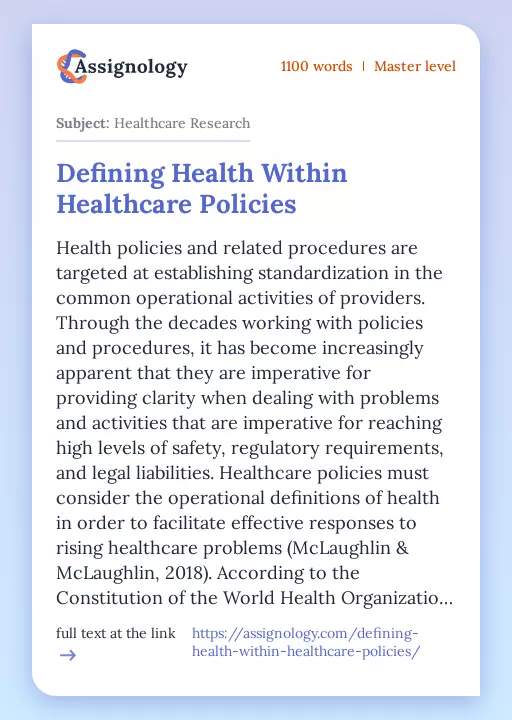 Defining Health Within Healthcare Policies - Essay Preview