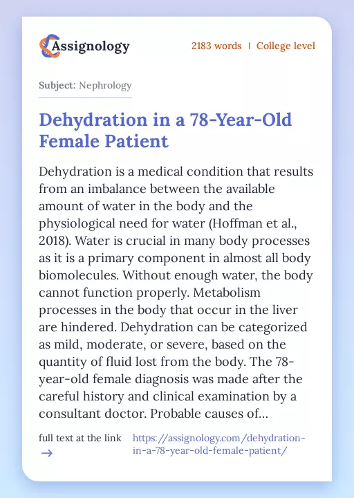 Dehydration in a 78-Year-Old Female Patient - Essay Preview