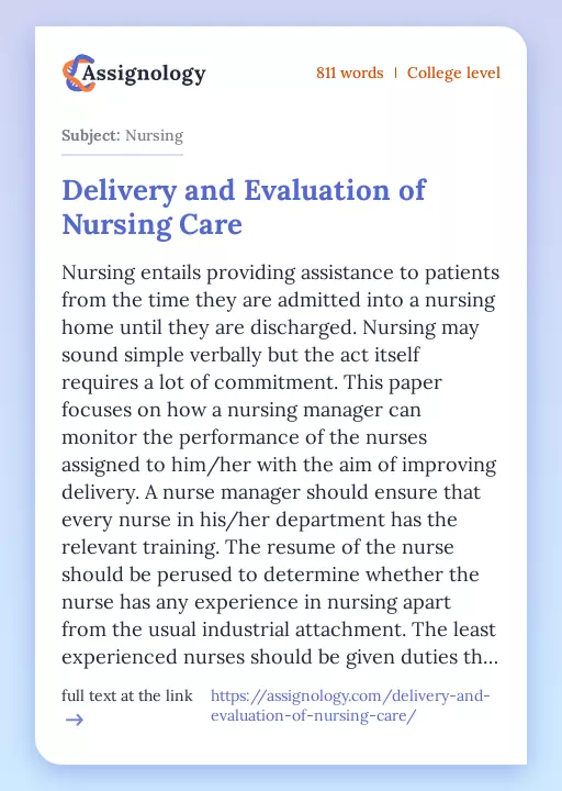 Delivery and Evaluation of Nursing Care - Essay Preview