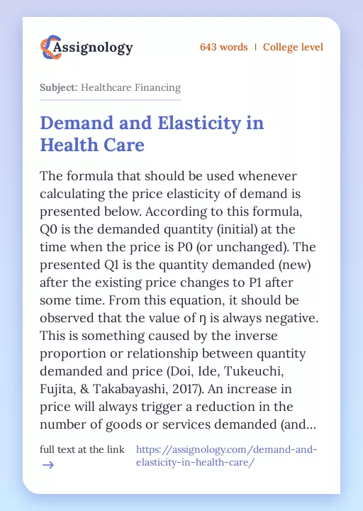 Demand and Elasticity in Health Care - Essay Preview